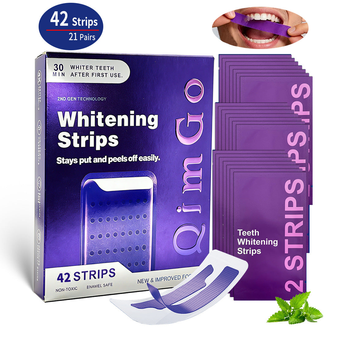 QiMGO teeth whitening strips packaging with strips displayed and a person using them.